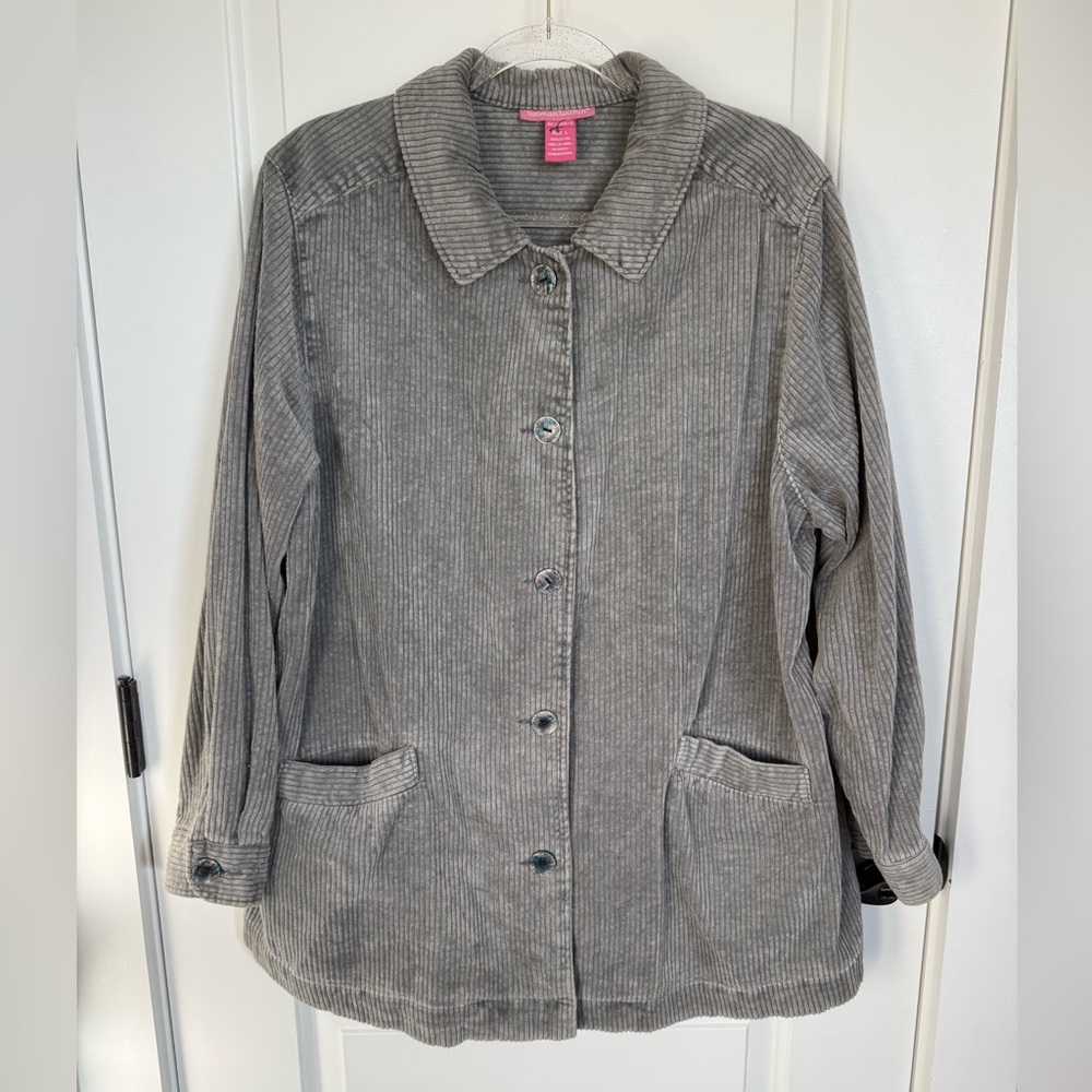 Corduroy Jacket Womens Sz L Pleated Button Up Long Sleeve Gray